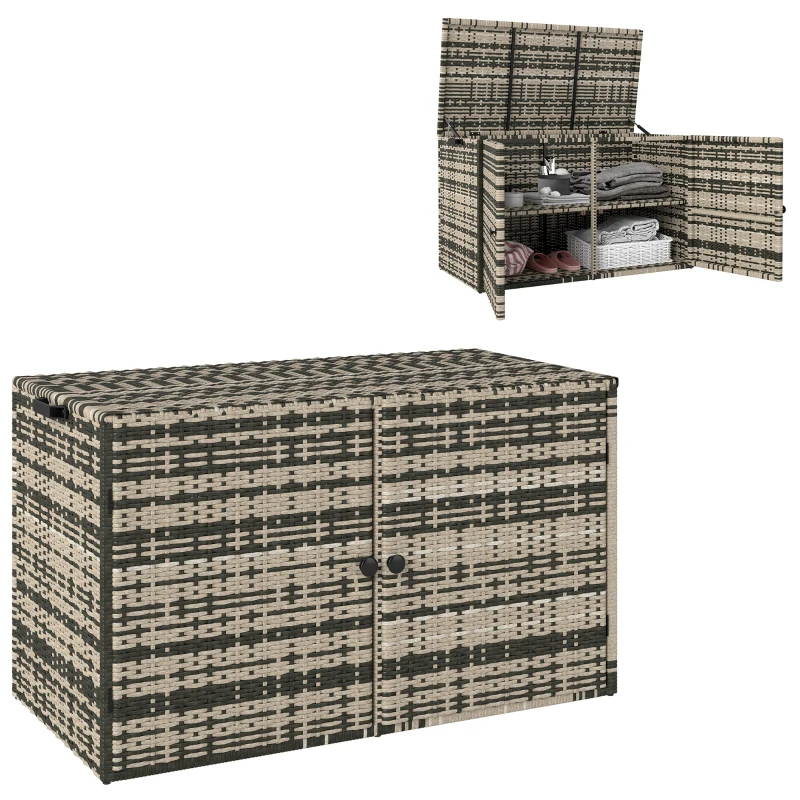 Outsunny Rattan Opbergbox 350L – Weerbestendige Kussenbox met Deksel, Gasveren en Handgrepen, UV-bestendig – Tuinbox voor Tuin, Terras of Balkon, 118x57x69 cm, Gemêleerd Grijs