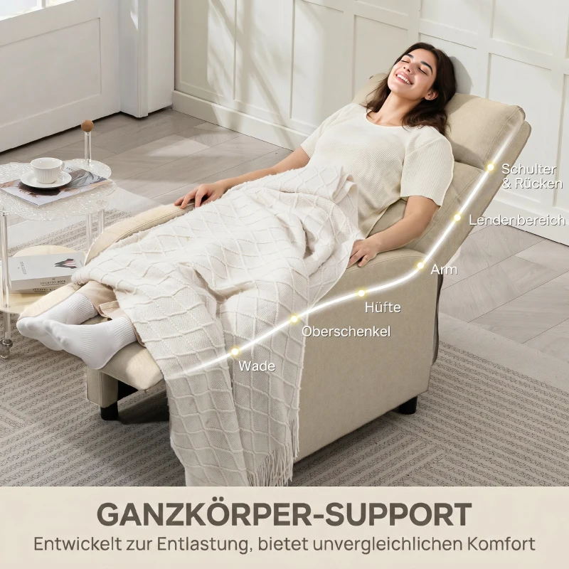 HOMCOM Relaxfauteuil met ligfunctie, uitklapbaar voetgedeelte, pocketvering, tot 150 kg, beige