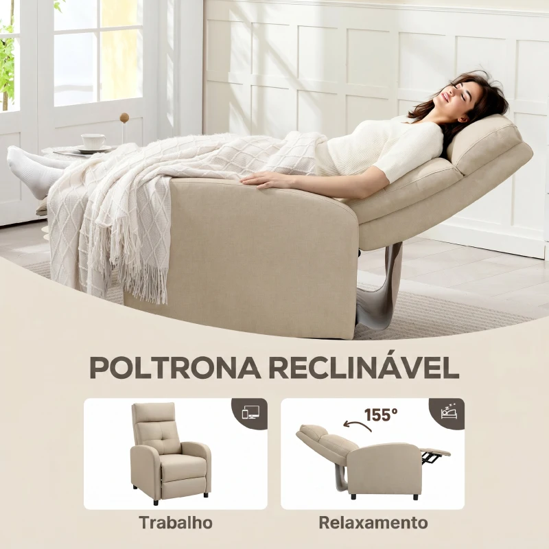 HOMCOM Poltrona Relax Reclinável até 155° Poltrona Reclinável Manual para Pessoas com Altura Inferior 195 cm 67x87x98 cm Bege