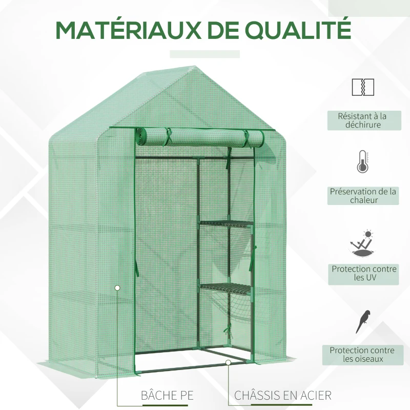 Outsunny Serre de Jardin avec Étagères 3 Niveaux, Petite Serre de Balcon en Bâche PE 140 g/㎡ Renforcée 141 x 72 x 191 cm, Vert
