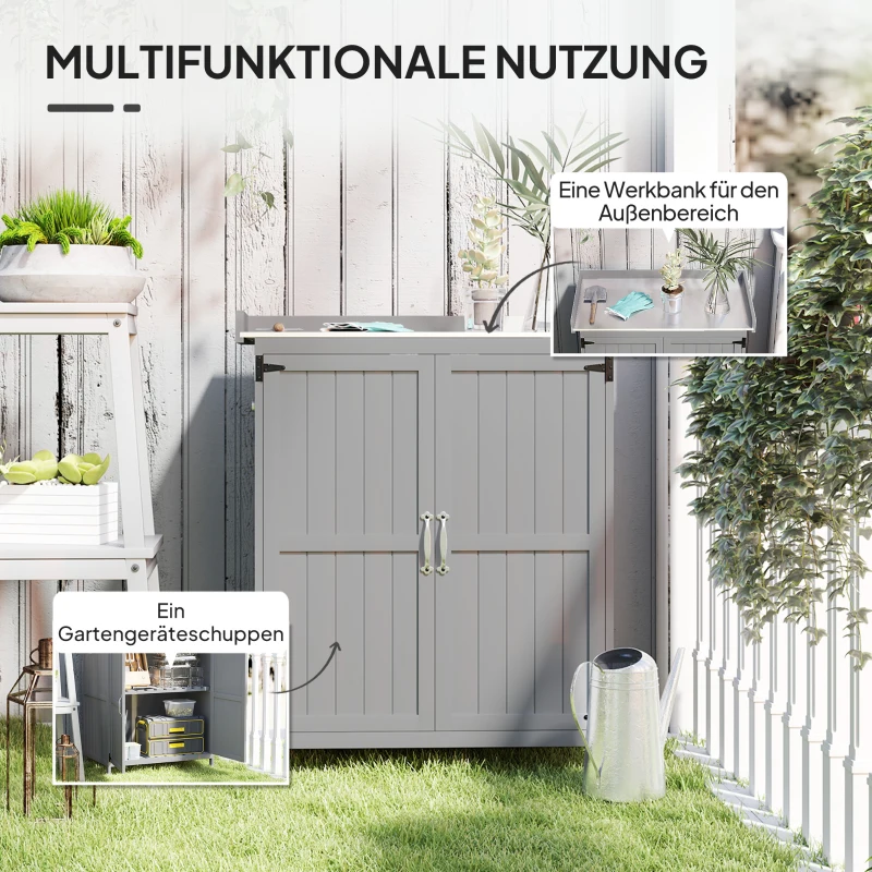 Outsunny Gartenschrank, Werkzeugschrank für den Außenbereich, mit Arbeitsfläche, Holz und Edelstahl, Doppeltüren, Grau(m-4)