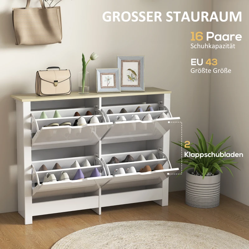 HOMCOM Smalle Schoenenkast met 4 Klapvakken voor 8–16 Paar Schoenen, 105 x 26 x 80 cm, Wit + Natuurlijk hout