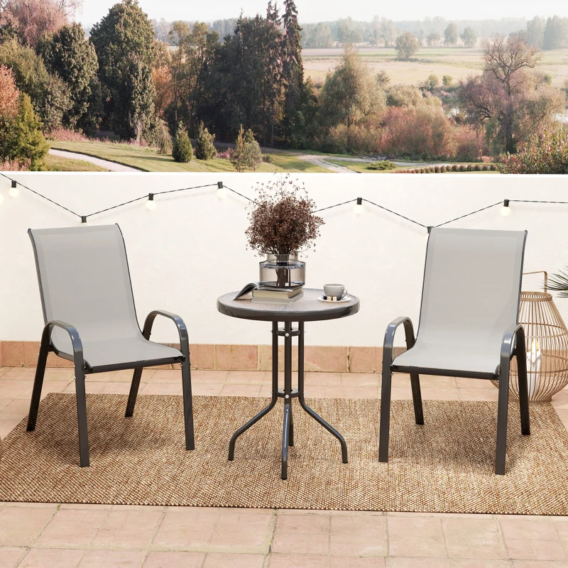 Outsunny 3 pièces salon de jardin extérieur ensemble de meubles 2 fauteuils empilables table basse dessus verre trempé gris clair