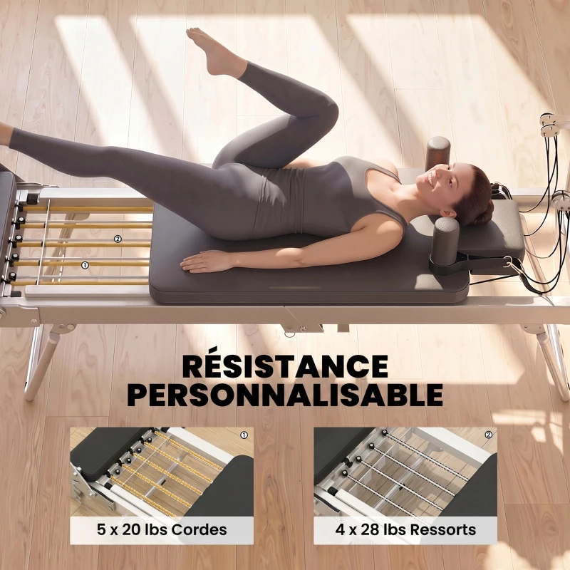 SPORTNOW Machine Reformer Pilates Pliable Système Hybride 4 Ressorts & 5 Cordes Silencieux Acier 195 x 56 x 88 cm Blanc