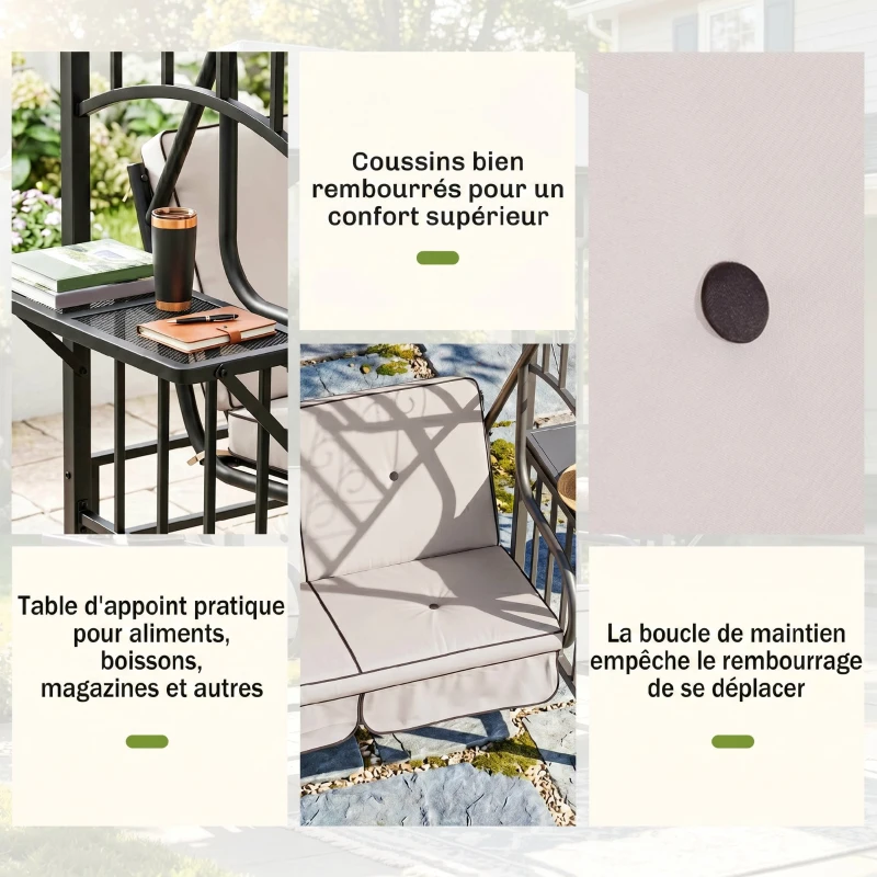 Outsunny Balancelle de Jardin 2 Places Style Colonial Grand Confort Matelas + tablettes Supports métal époxy Gris foncé Polyester Gris Clair