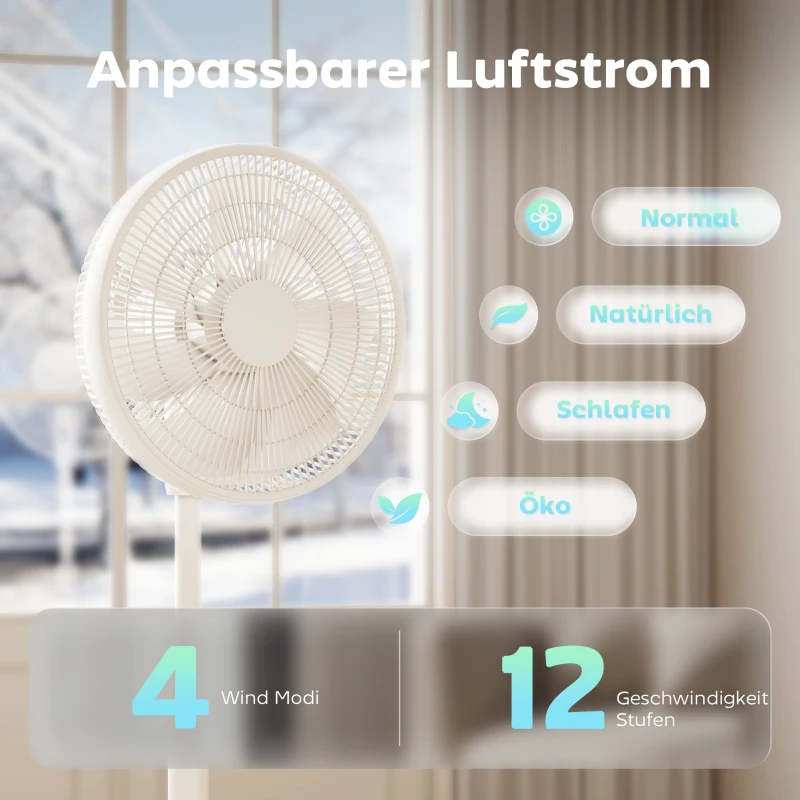 HOMCOM Standventilator mit Fernbedienung und 12 Geschwindigkeiten, Bodenventilator mit verstellbarer Höhe für Schlafzimmer Weiß