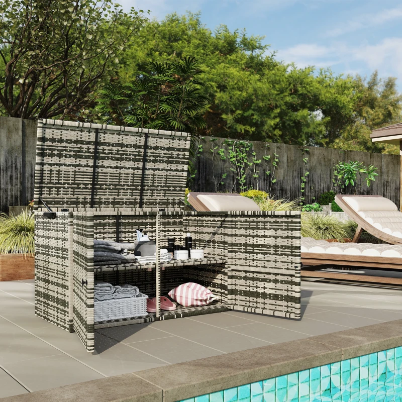 Outsunny Rattan Opbergbox 350L – Weerbestendige Kussenbox met Deksel, Gasveren en Handgrepen, UV-bestendig – Tuinbox voor Tuin, Terras of Balkon, 118x57x69 cm, Gemêleerd Grijs