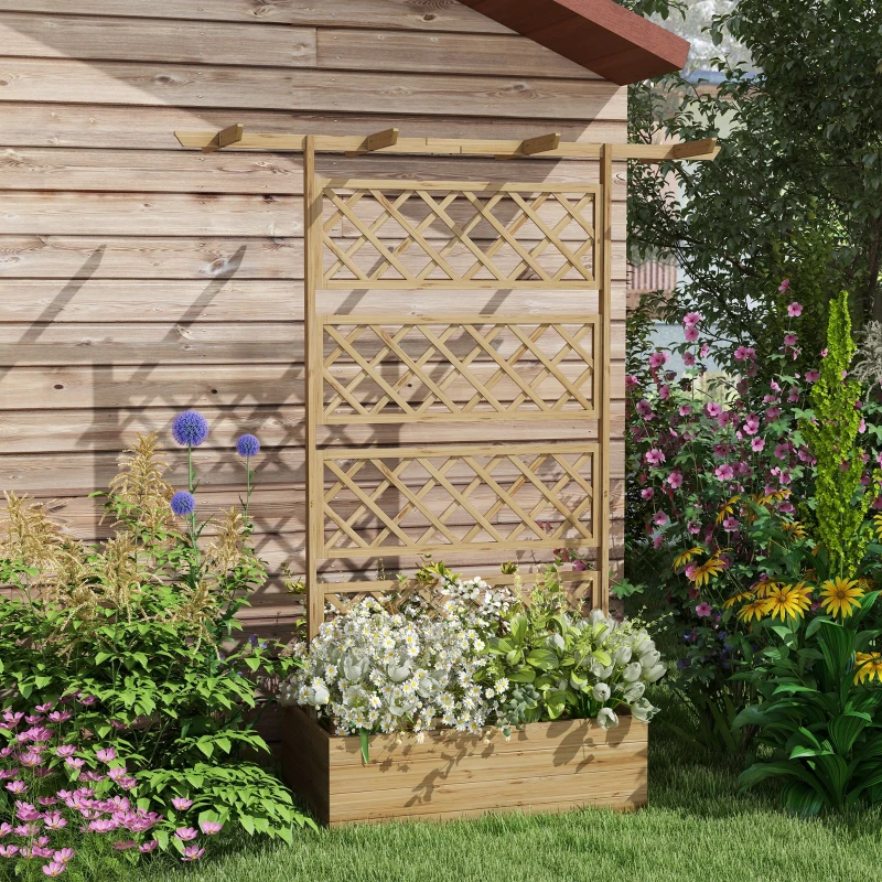Outsunny Jardinière avec treillis bac à fleurs pour plantes grimpantes, légumes, fleurs - en effet bois naturel