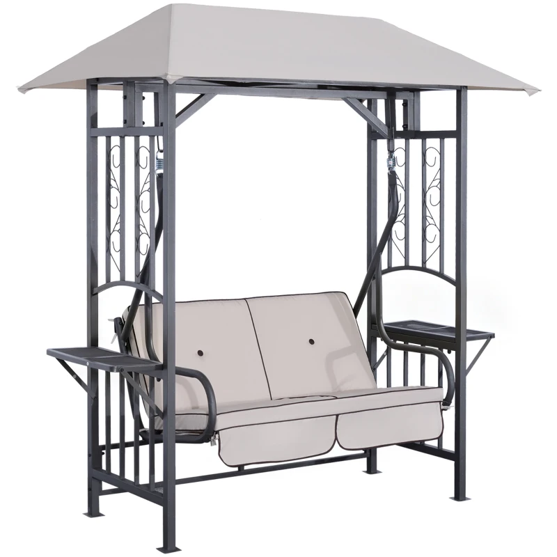 Outsunny Balancelle de Jardin 2 Places Style Colonial Grand Confort Matelas + tablettes Supports métal époxy Gris foncé Polyester Gris Clair