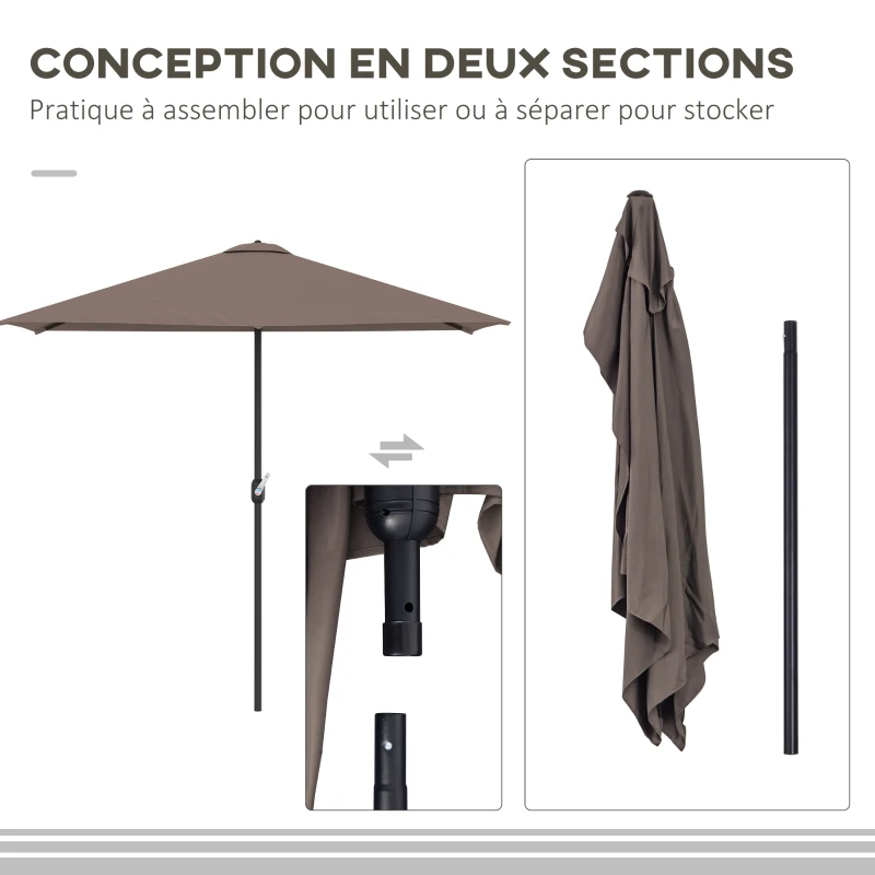 Outsunny Demi-parasol 2,7 x 1,4 m parasol de balcon ouverture fermeture manivelle, 5 entretoises métal, polyester 180 g/m², café