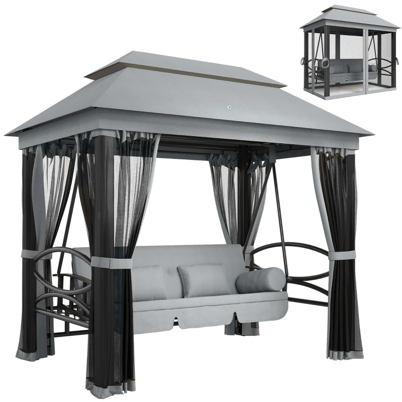 Outsunny 3 Seater Swing Chair 3-in-1 Convertible Garden Swing Seat Bed Gazebo Patio Bench Outdoor with Double Tier Canopy, Cushioned Seat, Mesh Sidewalls, Grey