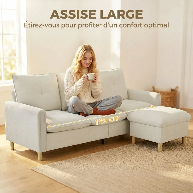 HOMCOM Canapé 3 places avec pouf de rangement, canapé d'angle modulable 210 cm, assise large, tissu aspect lin, crème
