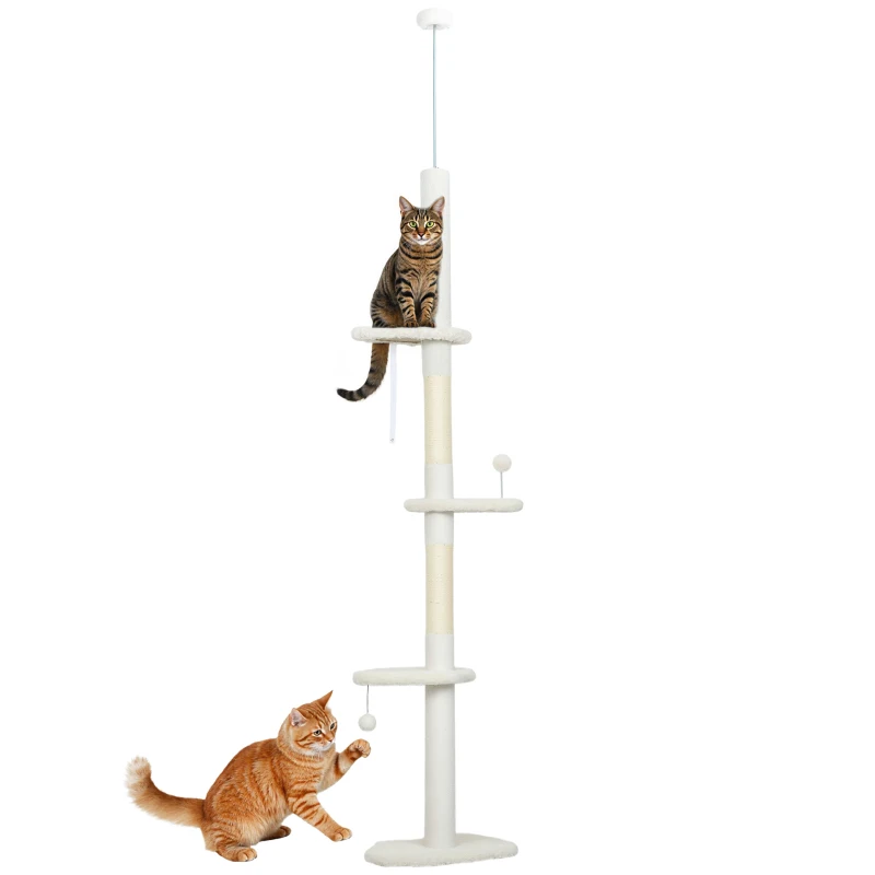 PawHut 225-255 cm Adjustable Cat Climbing Tower with Sisal Scratching Posts, 2 Hanging Play Balls and Anti-Tip Strap, Beige