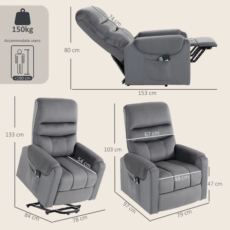 HOMCOM Sillón elevador eléctrico masaje por vibración y calor, sillón relax eléctrico en terciopelo, gris oscuro