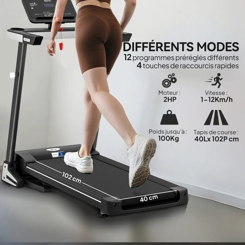Tapis de Course Electrique Pliable - Aosom.fr x FFHandball - Tapis Roulant 1-12 Km/h 500 W écran LCD 12 programmes Noir