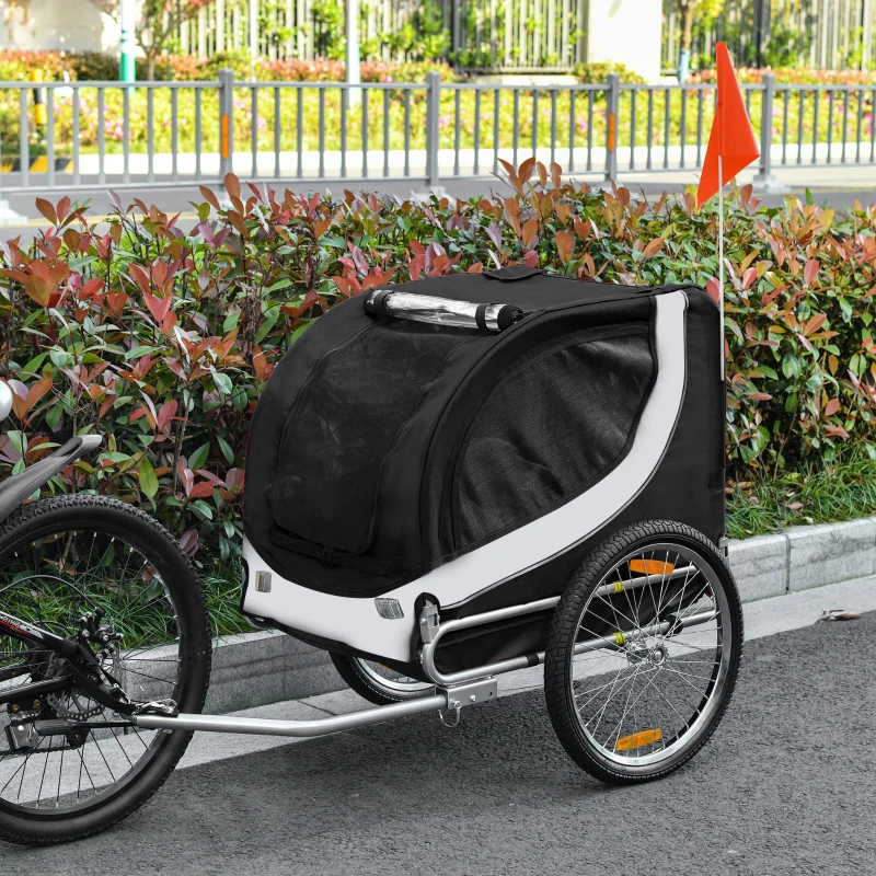 HOMCOM Remorque velo pour chien animaux avec drapeau et 8 reflecteurs blanc et noir