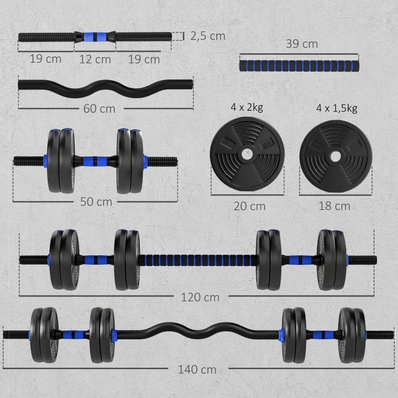 SPORTNOW Kit haltères musculation haltères réglables 15 kg 3 en 1, ensemble de poids réglable avec barre d'extension noir