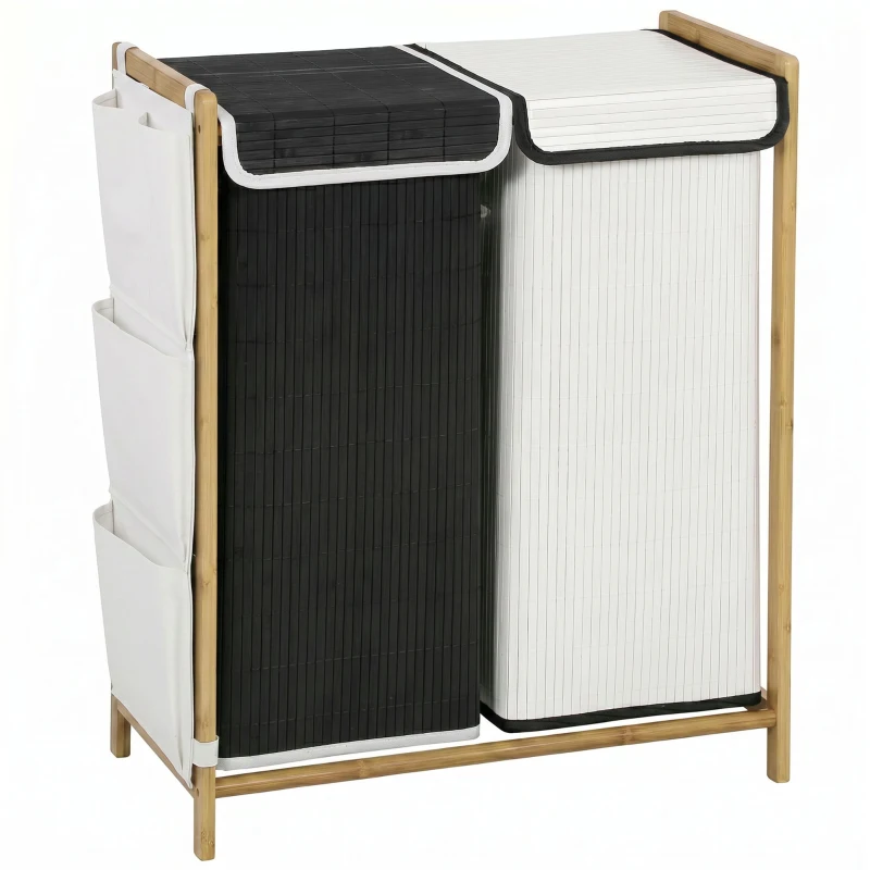HOMCOM Panier à linge avec couvercle 120 L en bambou avec 2 compartiments sacs à cordon poches latérales Blanc et Noir