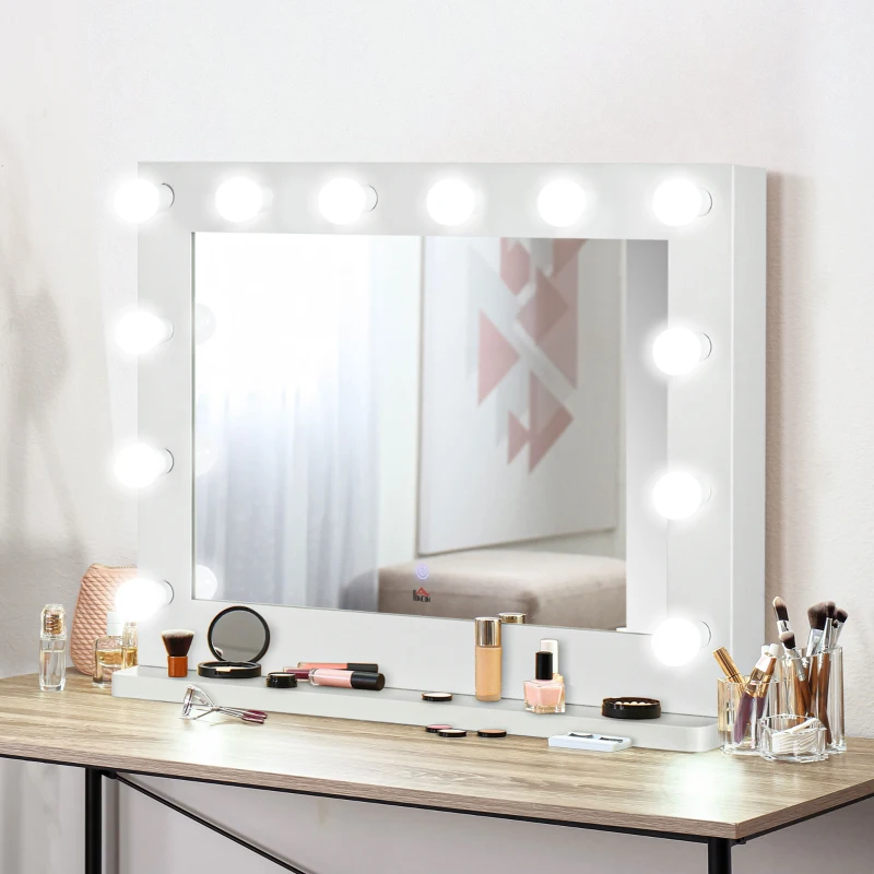 HOMCOM Miroir maquillage Hollywood lumineux 12 LED tactile - luminosité réglable, fonction mémoire - métal MDF blanc verre