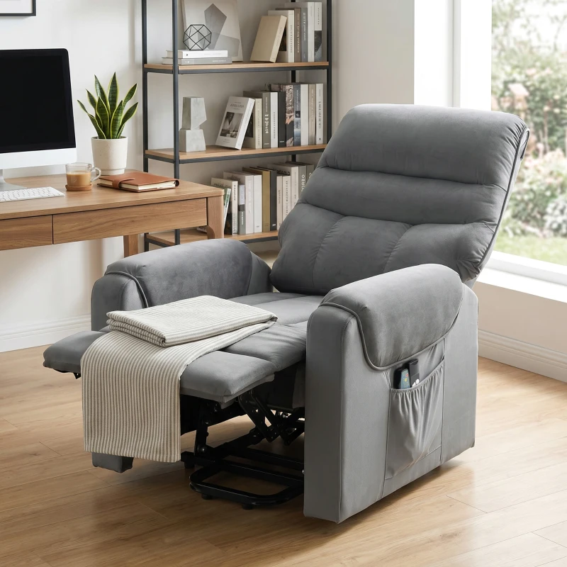 HOMCOM Poltrona elevatória elétrica massagem por vibração e aquecimento, poltrona relax elétrica em veludo, cinza escuro