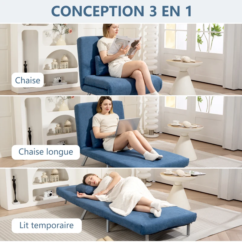 HOMCOM Fauteuil convertible 1 place, fauteuil-lit clic-clac 3 en 1 avec dossier réglable, oreiller, assise large, bleu