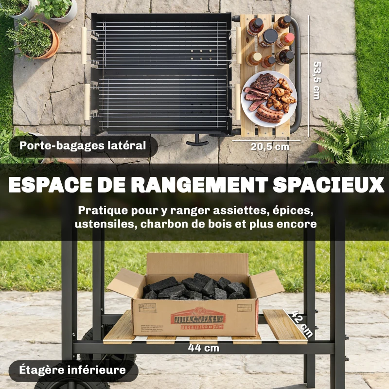 Outsunny Chariot à barbecue de bois avec 2 grilles réglables, barbecue au charbon de bois sur roulettes, tablette latérale, noir