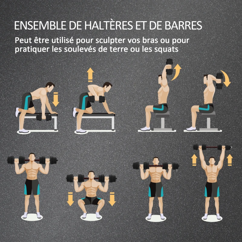 HOMCOM Ensemble d'haltères Courtes Total 30 Kg 2 en 1 poids réglable Barres incluses - entraînement Musculaire & haltérophilie