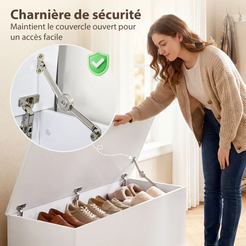 HOMCOM Coffre de rangement, banc de rangement avec couvercle rabattable et charnières de sécurité, banc chaussures, meuble d'entrée, couloir, chambre, salon, 100 x 40 x 40 cm, blanc