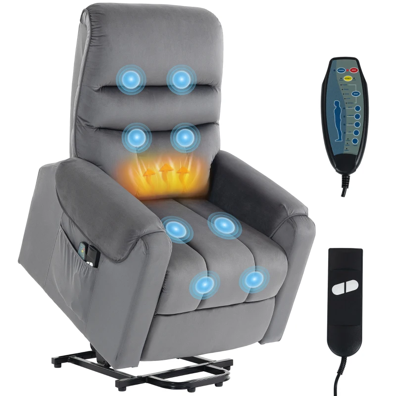 HOMCOM Elektrischer Aufstehsessel mit Vibrationsmassage und Wärme, elektrischer Relaxsessel aus Velours, dunkelgrau