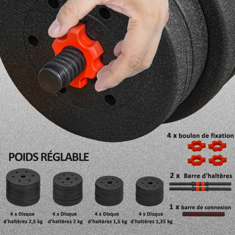 HOMCOM Ensemble d'haltères Courtes Total 30 Kg 2 en 1 poids réglable Barres incluses - entraînement Musculaire & haltérophilie