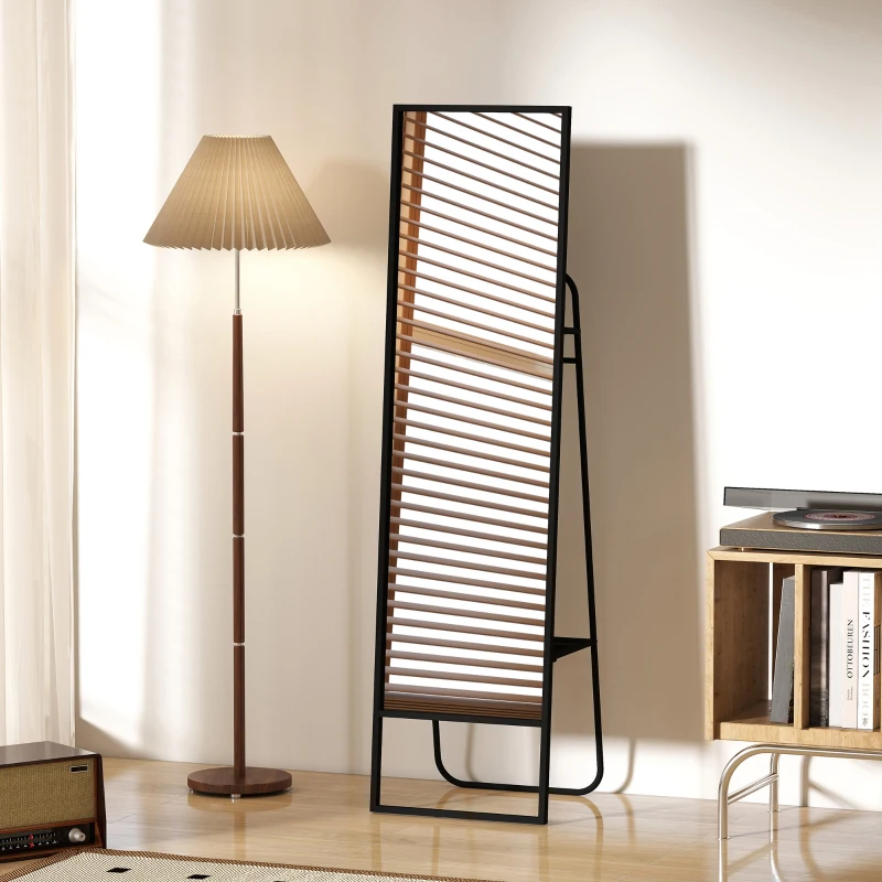HOMCOM Miroir sur pied 148,5 x 40 cm rectangulaire avec étagère arrière, 2 crochets et cadre en métal, noir