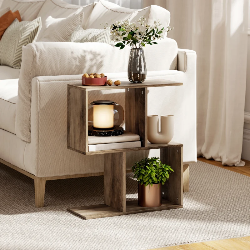 HOMCOM Side Table, Narrow End Table with Storage Shelves, S-Shaped, 3-Tier, 50W x 19.5D x 58H cm, Oak