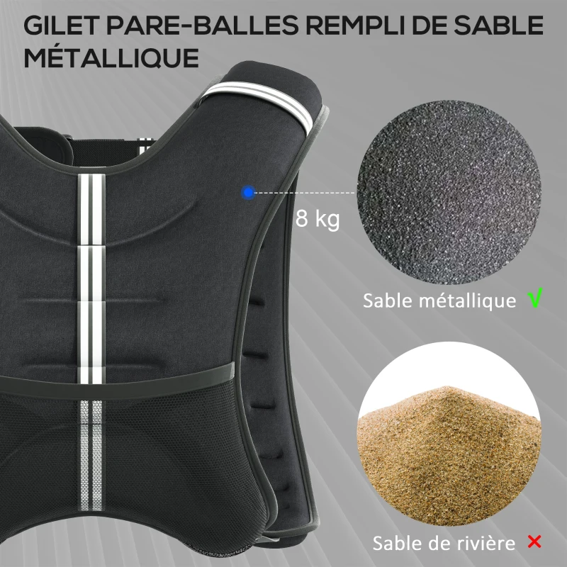 HOMCOM Gilet lesté de 8 kg, veste lestée, pour homme et femme, avec poche de rangement, tissu Oxford, sable métallique, noir