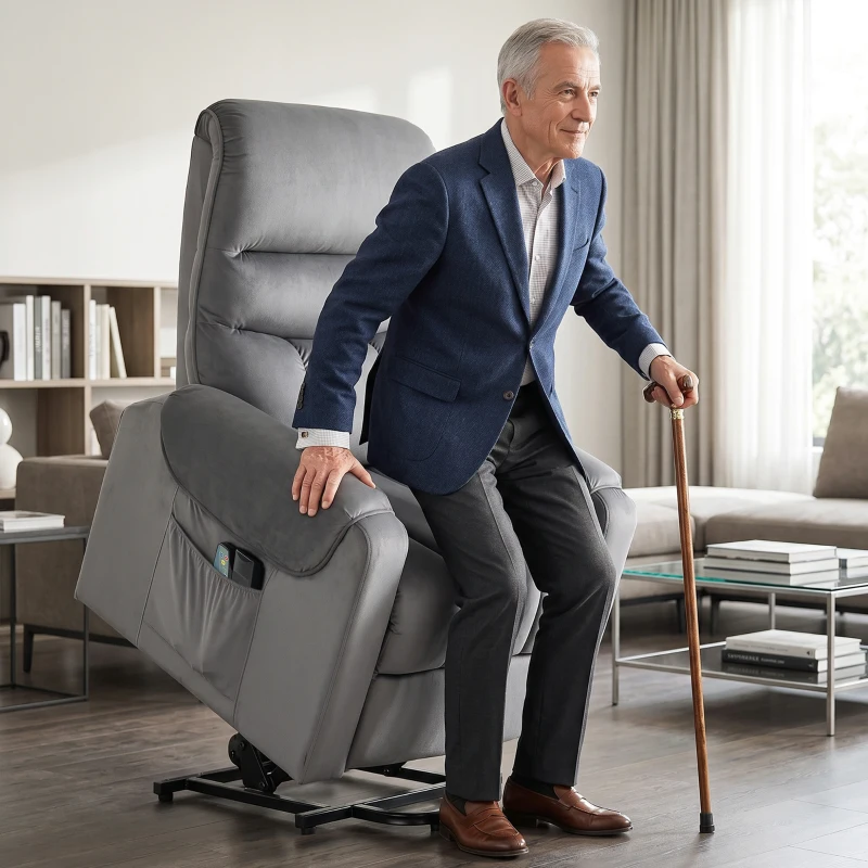 HOMCOM Poltrona elevatória elétrica massagem por vibração e aquecimento, poltrona relax elétrica em veludo, cinza escuro