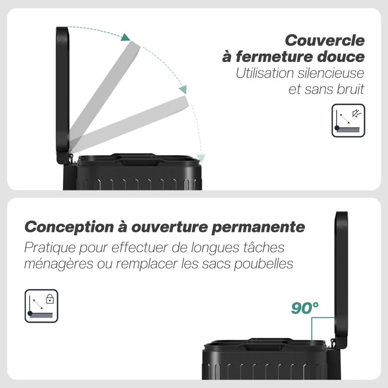 HOMCOM Poubelle à double compartiment 2 x 20L, poubelle de cuisine à pédale, seaux intérieurs amovibles, 45,5x36,5x51cm, noir