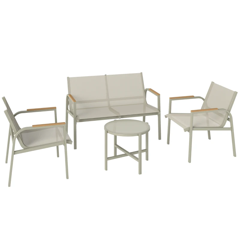 Outsunny Salon de Jardin Ensemble de Terrasse avec Canapé 2 Places, 2 Fauteuils et Table Basse en Verre Trempé 4 Pièces Vert