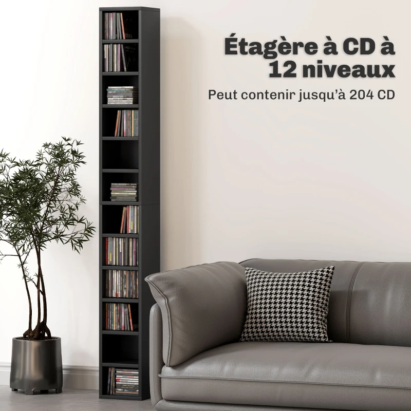 HOMCOM Rangements pour CD et DVD avec 12 compartiments, capacité max. 204 CD, 21 x 20 x 175 cm, noir