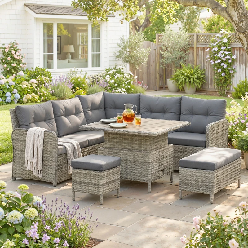 Outsunny 7 Seater Rattan Garden Furniture Set, 6 Piece Patio Dining Set with Liftable Coffee Table and Soft Padded Cushion, Wicker Sectional Conversation Corner Sofa, 123 x 55 x 84 cm, Grey