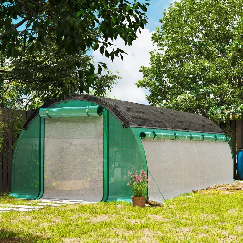 Outsunny 6 x 3 x 2 m polytunnelkas met zonneschermnet, oprolbare zijwanden, kunststofafdekking, stalen frame, groen