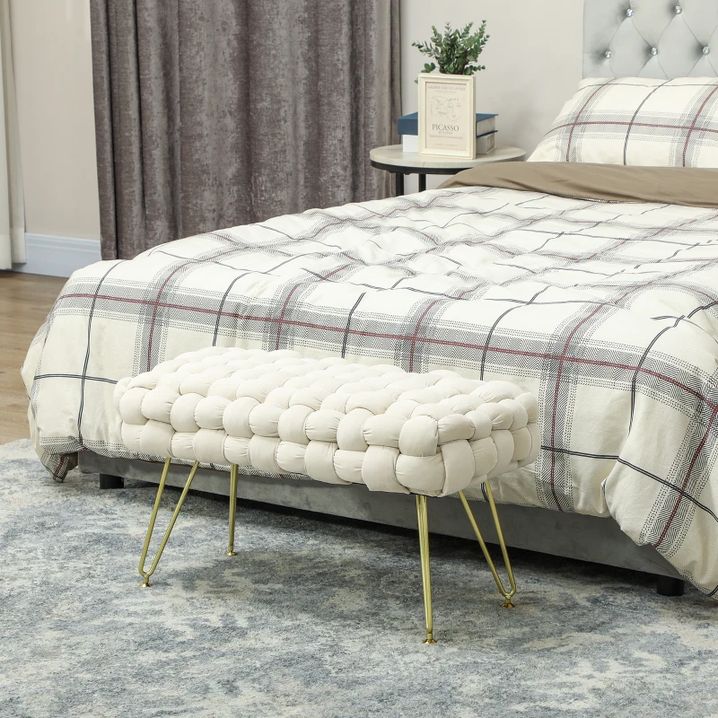 HOMCOM Apoio para os Pés Sala de Estar em Veludo com Pés de Metal e Assento Acolchoado para Dormitório Entrada 76x38x41,5 cm Creme