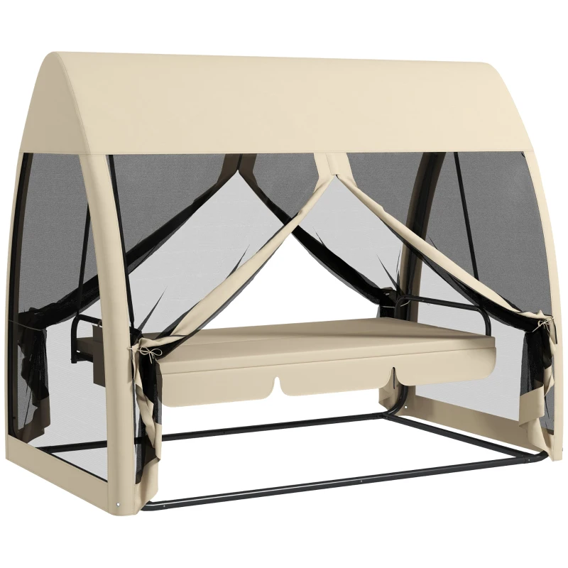 Outsunny 3-persoons terras-schommel, veranda-schommel met bedfunctie, Hollywoodschommel met muskietennet en stalen frame, Koffie