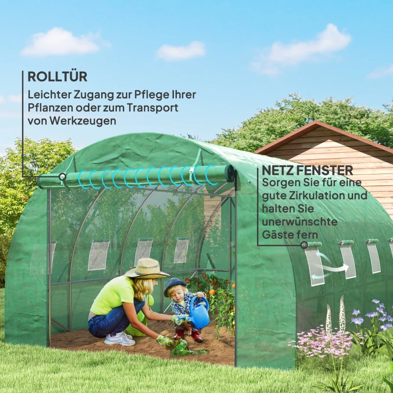 Outsunny Polytunnelkas met kunststofbedekking en stalen frame, betreebare kas met oprolbare deuren, groen