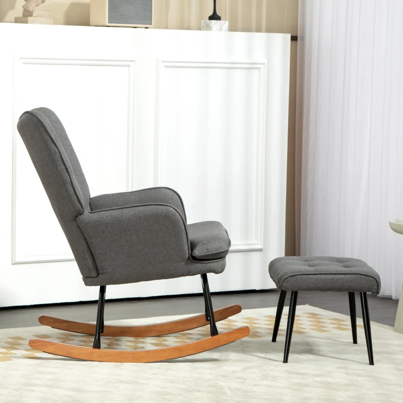 HOMCOM Schaukelstuhl mit Hocker, komfortabel, bis 130 kg, Leinenoptik, 64x89x90cm, Dunkelgrau