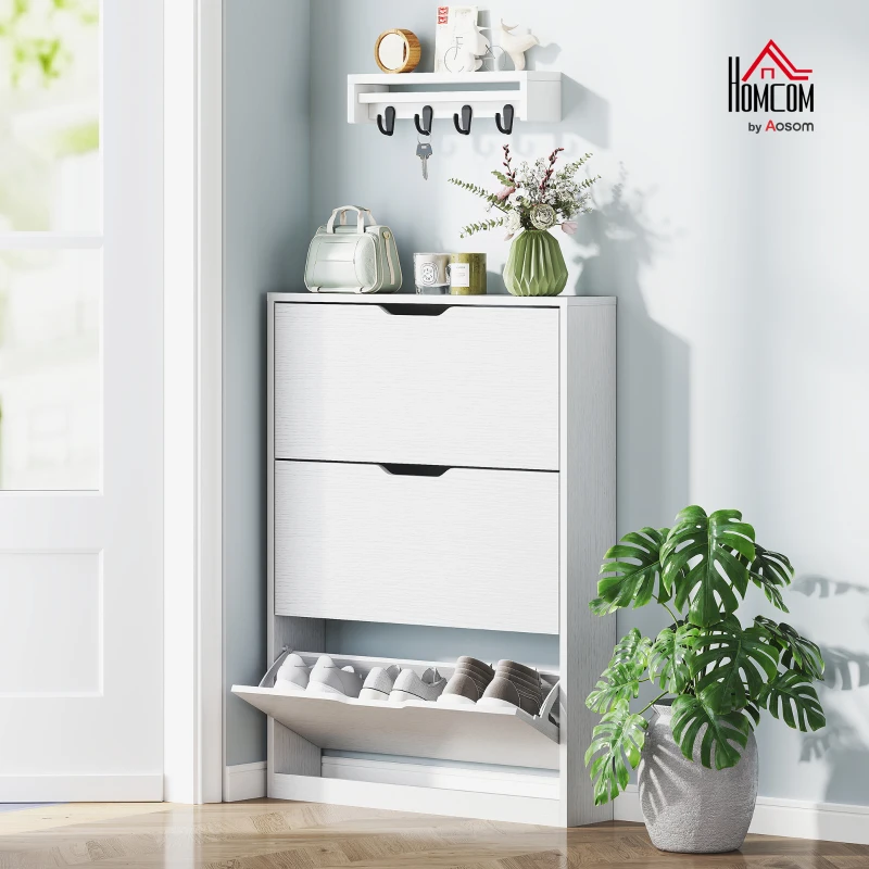 HOMCOM Pantofar Slim cu 3 Sertare Rabatabile cu Decupaj Inferior, din Lemn, 80x17x108 cm, Alb
