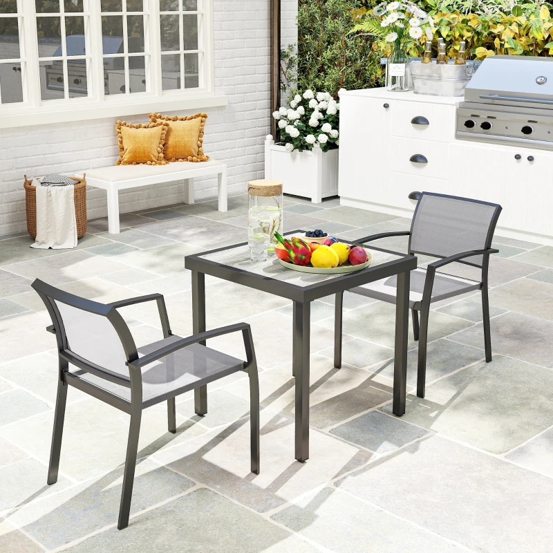 Outsunny 3-delig eetset, buitentafel in houtlook, 2 stoelen, weerbestendig, stalen frame, terrasmeubels, Grijs