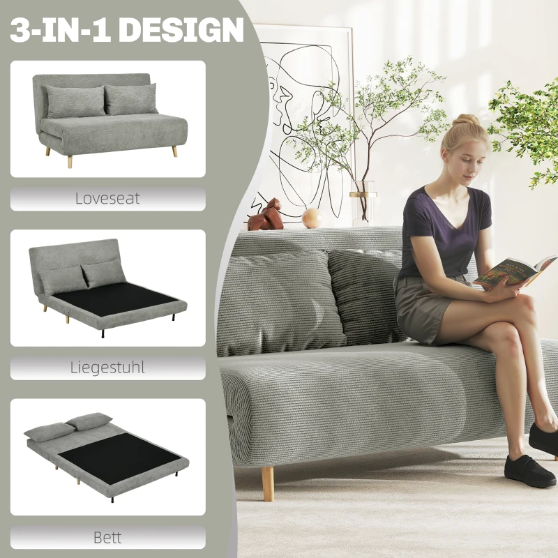 HOMCOM Schlafsofa, Gästebett, 3-fach verstellbare Rückenlehne, Leinenoptik, bis 120 kg, 141 x 90 x 81 cm, Grau(m-5)