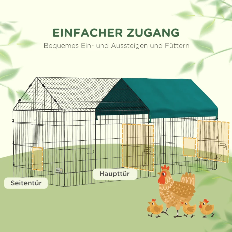 PawHut Kleintiergehege mit Dach, 4 Türen, wetterfest, Stahl/Polyester, 220x85x103cm, Grün/Schwarz