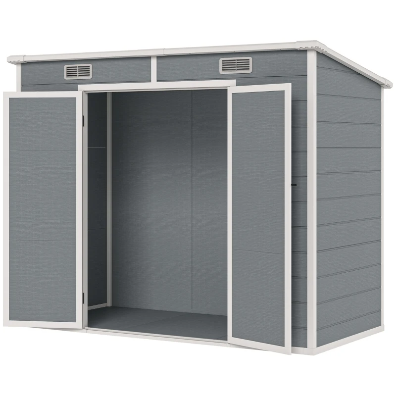 Outsunny 2,4 x 1,3 m Gartenschuppen, Kunststoff-Gartenhaus mit Boden, Fenster, verschließbare Türen, für Garten, Terrasse, Grau