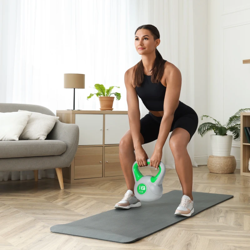 SPORTNOW Kettlebell 16 kg Peso Russo com Revestimento de PU e Enchimento de Areia para Treinamento 26x18x32 cm Verde e Cinza