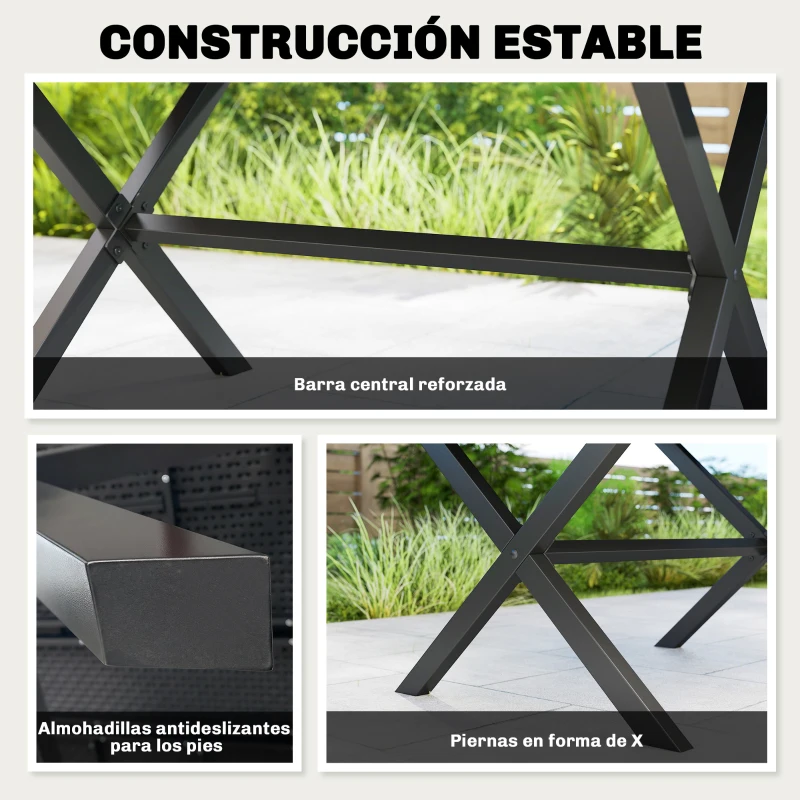 Outsunny Mesa de Comedor de Jardín para 6 Personas con Superficie de HDPE de Listones Estructura Metálica 150x90x74 cm Negro